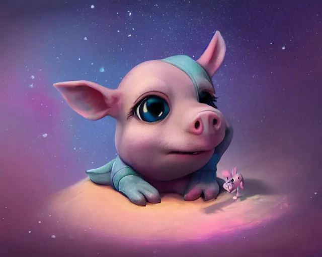 Prompt: 3D Fantasy Cute and adorable space piglet , huge adorable eyes, bright stars, Smooth 3D Illustration, soft render, Servando Lupini, Daniil Kudriavtsev, handpaint texture, Blender, 3DCoat
