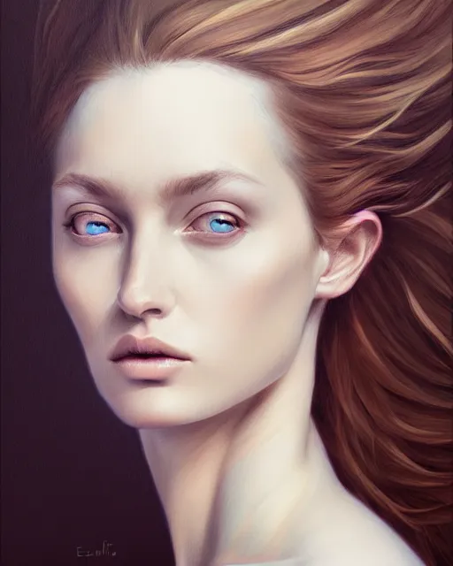 Image similar to portrait of a beautiful woman, enigmatic beauty, head in focus, intricate, elegant, highly detailed, hyperrealistic, concept art, painterly, sharp focus, art by emilia elfe