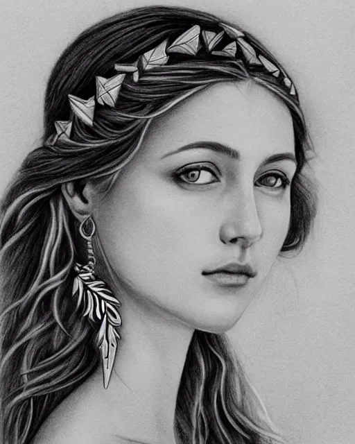 Image similar to pencil drawing of a beautiful greek goddess aphrodite wearing a laurel wreath and arrowhead earrings, beautiful confident eyes, beautiful flowing hair, hyper realistic face, in the style of artgerm, fantasy, amazing detail, epic, elegant, smooth, sharp focus, from the front, long shot