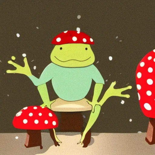 Image similar to A toad seated on an amanita-colored chair, a frog in a relaxing pose manspreading on a toadstool, chair with a red polka dot pattern