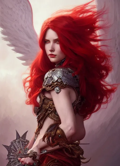 Image similar to a beautiful red haired woman as the angel of death, deep focus, d & d, fantasy, intricate, elegant, highly detailed, digital painting, artstation, concept art, matte, sharp focus, illustration, hearthstone, art by artgerm and greg rutkowski and alphonse mucha