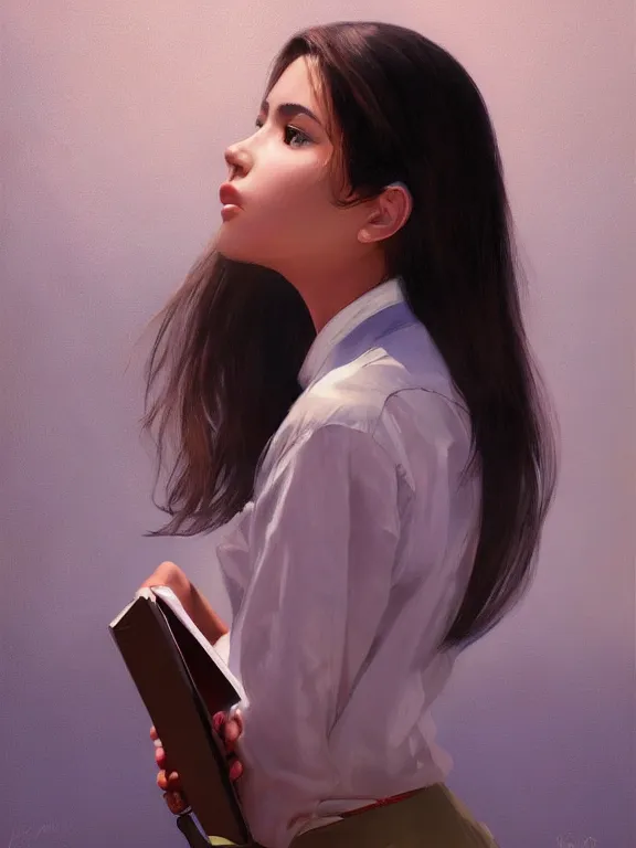 Prompt: an ultradetailed beautiful portrait painting of a mexican girl as a journalist, side view, oil painting, high resolution, by ilya kuvshinov, greg rutkowski and makoto shinkai