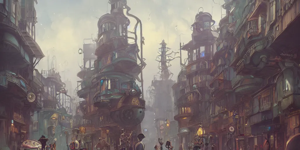 Image similar to a street of a big flying steam punk city full of people with strange costumes by Loish, artstation