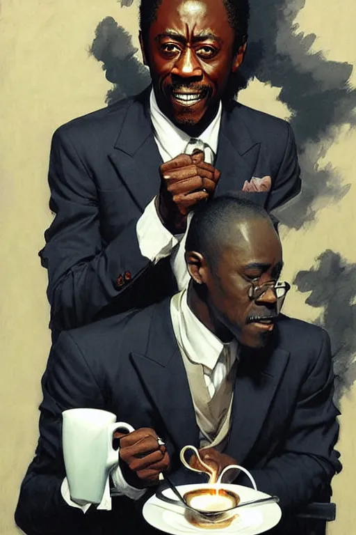 Image similar to attractive don cheadle playing as 2 1 savage drinking coffee, painting by j. c. leyendecker, yoji shinkawa, katayama bokuyo