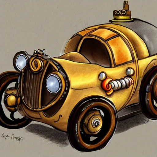 Image similar to a concept art of a steampunk car with a shape of an hot dog