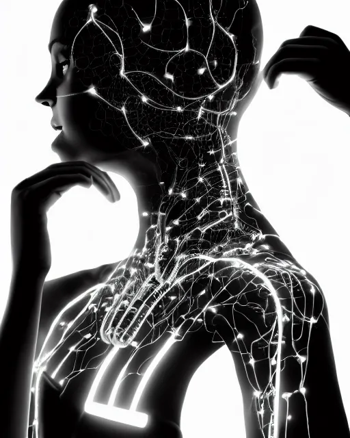 Image similar to black and white artistic photo, young female cyborg - plant goddess, microchip, artificial intelligence, bio - mechanical bio - luminescence, black wired cables, cinematic, rim light, photo - realistic, 8 k