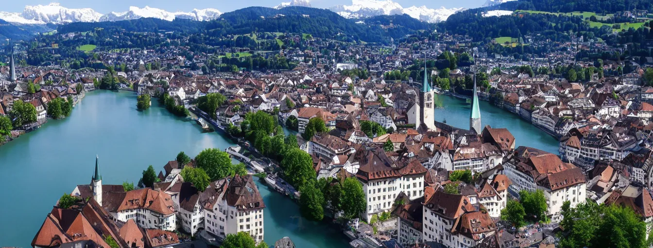 Image similar to Photo of Zurich, looking down the Limmat at the lake and the alps, Hardturm, Grossmünster, Lindenhof, Üetliberg, wide angle, volumetric light, hyperdetailed, light blue water, artstation, cgsociety, 8k