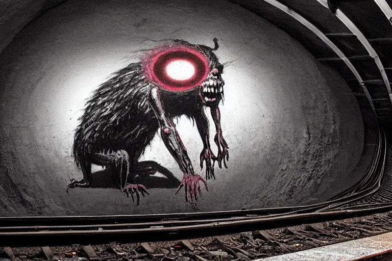 Image similar to very large giant mutant zombie irradiated ( angry rat ) staying on railways in tonnel of moscow subway. extreme high detail, very realistic. extreme long shot, low dark light, scary mood, anish kapoor.