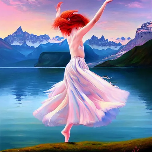 Prompt: a painting of a young woman dancing in front of a beautiful lake in switzerland, mountains on the background, high quality oil painting artstyle, feminine, delicate, hyperdetailed, in the style of anna dittmann, deviantart, figurative art, deviantart, ilya kuvshinov, lovecraftian