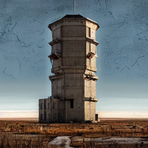 Image similar to a distorted post-apocalyptic landscape with a singular concrete military tower near the frozen lake hd 8k photo big lake high tower