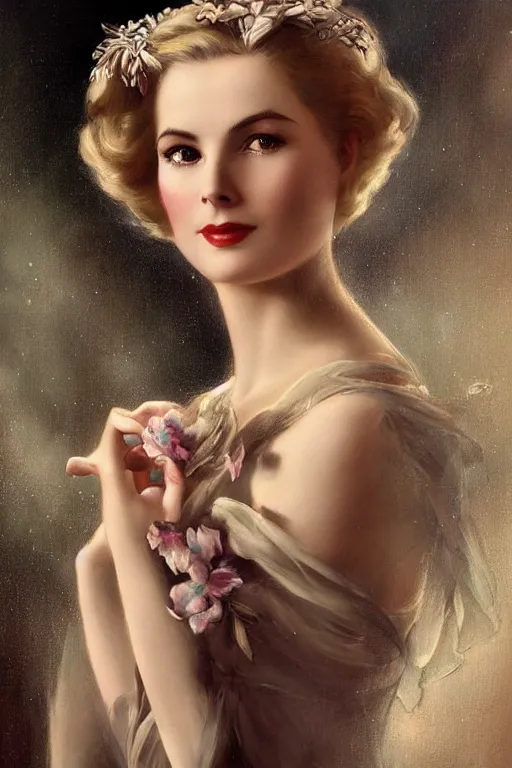 Image similar to a young and extremely beautiful grace kelly infected by night by tom bagshaw in the style of a modern gaston bussiere, art nouveau, art deco, surrealism. extremely lush detail. melancholic scene infected by night. perfect composition and lighting. sharp focus. profoundly surreal. high - contrast lush surrealistic photorealism. sultry, infectious smile.