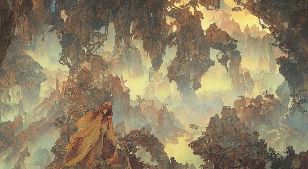 Image similar to A beautiful landscape painting of dystopian future in the mountains by Alfons Maria Mucha and Yoshitaka Amano and jean-honore fragonard