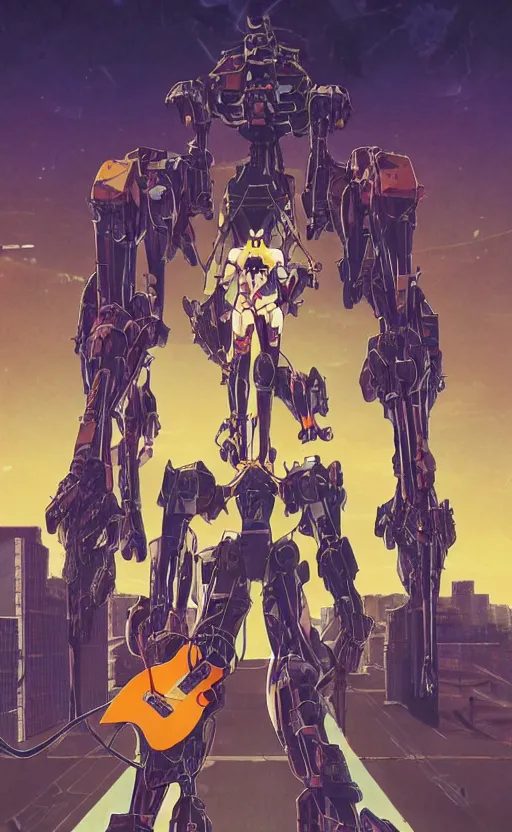 Image similar to movie poster of huge mecha plays a guitar, in the style of < neon genesis evangelion >, 3 d anime, arcane style, retropunk, steampunk, high resolution, 4 k, retrofuturism, by yoshiyuki sadamoto and ghibli and < simon stalenhag >