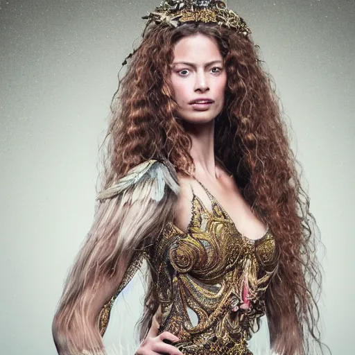 Image similar to 8 5 mm f 1. 8 portrait of a girl that is a mixture between claudia guarnierni and doutzen kroes, she is about 2 5 years old, long curly hair, she is wearing a ornate costume with feathers by iris van herpen, highly detailed, digital painting, artstation, smooth, sharp foccus, artstation hq