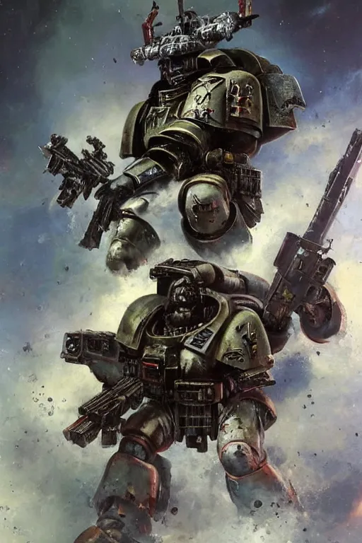 Prompt: to a space marine the boltgun is far more than a weapon, it is an instrument of mankind's divinity, the bringer of death to his foes, whose howling blast is a prayer to the gods of battle., by ryohei hase, by john berkey, by jakub rozalski, by john martin