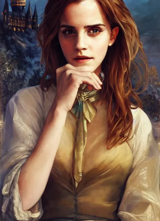 Image similar to oil painting of emma watson giving seductive look. hogwarts in background beautiful detailed face. by artgerm and greg rutkowski and alphonse mucha