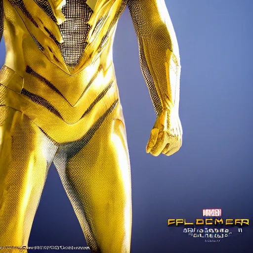 Image similar to gold spider - man suit with black web lining, cinematic, volumetric lighting, realistic, hyperdetailed, photorealistic, photograph