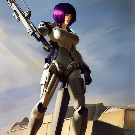 Image similar to greg manchess portrait painting of partially armored motoko kusanagi as overwatch character, medium shot, asymmetrical, profile picture, organic painting, sunny day, matte painting, bold shapes, hard edges, street art, trending on artstation, by huang guangjian, gil elvgren, ruan jia, greg rutkowski, gaston bussiere