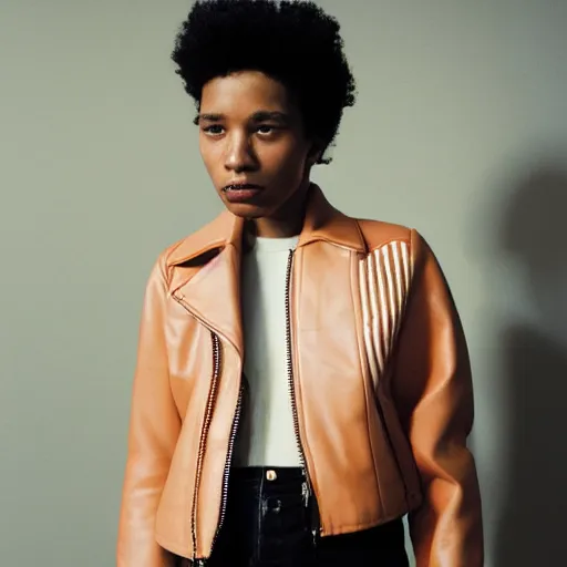 Image similar to realistic photoshooting for a new acne studio lookbook, color film photography, portrait of a beautiful woman, model wearing a leather jacket, by photo in style of tyler mitchell, 3 5 mm,