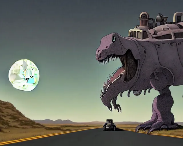 Image similar to a cell shaded cartoon giant grey lovecraftian mechanized t - rex from howl's moving castle ( 2 0 0 4 ), with a big head, on a desert road, wide shot, in front of a big moon, muted colors, post grunge, josan gonzales, wlop, by james jean, victor ngai, hq, deviantart, art by artgem