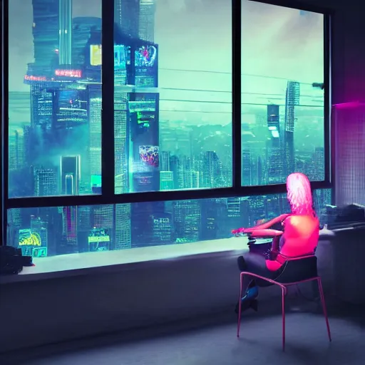 Prompt: synthwave cluttered living room wide shot cyberpunk high tech, cool girl sitting at table, through the window is a cityscape, dramatic lighting, music by vangelis
