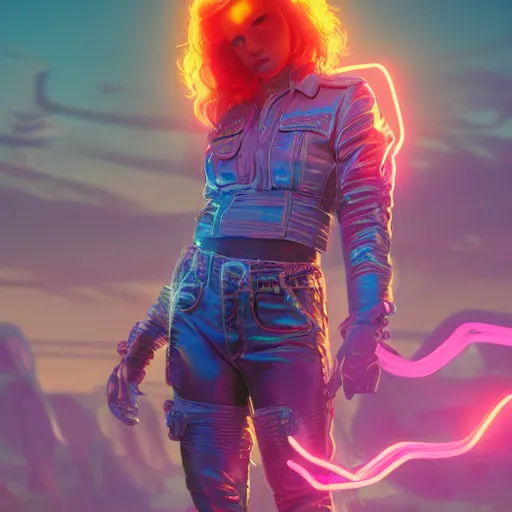 Prompt: disintigrating synthwave cowgirl, character design, bright colors, illusion, metallic, armor, stunning, breathtaking, digital render, line art, unreal engine, de - noise, 8 k, volumetric lighting, detailed contrast, scattered mist, glow, rim light by greg rutkowski