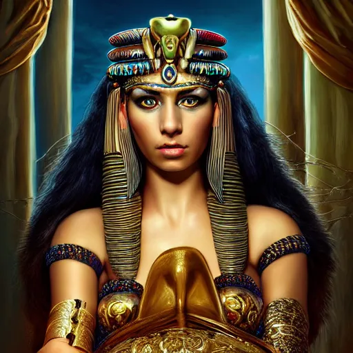 Image similar to Cleopatra sitting on her throne, beautiful eyes, full body, fantasy, beautiful face, vivid colors, elegant, concept art, sharp focus, digital art, Hyper-realistic, 4K, Unreal Engine, Highly Detailed, HD, Dramatic Lighting by Brom, trending on Artstation