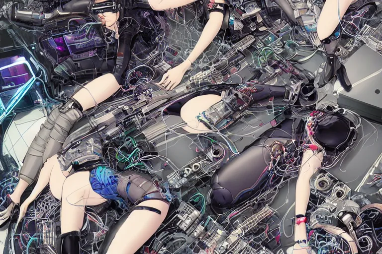 Image similar to a cyberpunk illustration of a group of female androids in style of hajime sorayama, lying on an abstract, empty, white floor with their body parts scattered around and cables and wires coming out, by katsuhiro otomo and masamune shirow, hyper-detailed, intricate, colorful, view from above, wide angle, beautiful