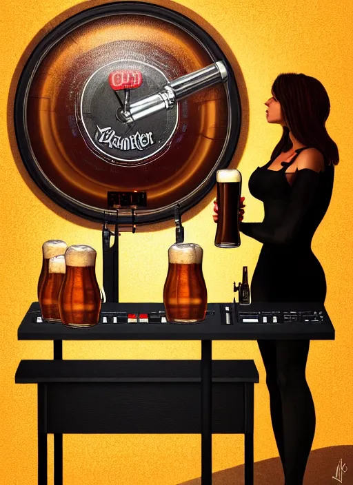 Image similar to image of large pint of beer and large technics dj table front of picture, in the backround man and a woman from octoberfest, dark backround, highly detailed, digital illustration, trending in artstation, modern painting, smooth, sharp focus, intricate, einar jonsson and bouguereau