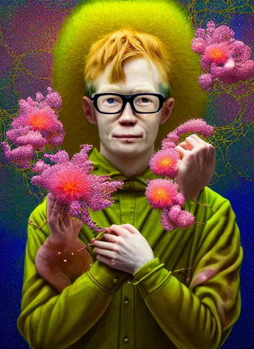 Image similar to hyper detailed 3d render like a Oil painting - kawaii portrait of Hank Green in Aurora (Singer) seen Eating of the Strangling network of yellowcake aerochrome and milky Fruit and Her delicate Hands hold of gossamer polyp blossoms bring iridescent fungal flowers whose spores black the foolish stars by Jacek Yerka, Mariusz Lewandowski, Houdini algorithmic generative render, Abstract brush strokes, Masterpiece, Edward Hopper and James Gilleard, Zdzislaw Beksinski, Wolfgang Lettl, hints of Yayoi Kasuma, octane render, 8k