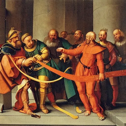 Prompt: alexander cutting the gordian knot, painting by raphael