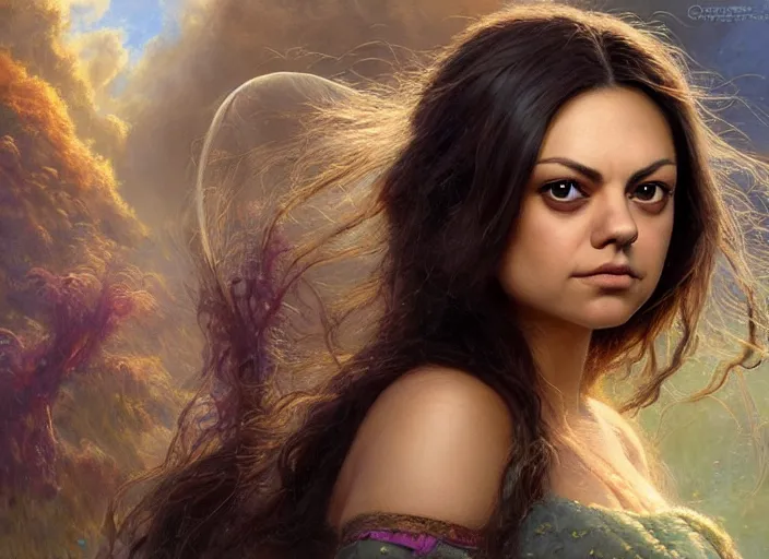 Image similar to Mila Kunis staring into the camera, misty wisps, Lilia Alvarado, Sophie Anderson, Mark Arian, Bob Byerley, Charlie Bowater, Mark Brooks, Steve Henderson, Justin Gerard, Arthur Hughes, Edward Robert Hughes, Mark Keathley, Victor Nizovtsev, Carlos Shwabe, Ross Tran, WLOP