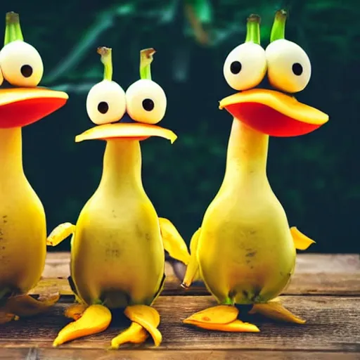 Image similar to professional photograph of banana ducks, peeled bananas with googly eyes and duck beaks