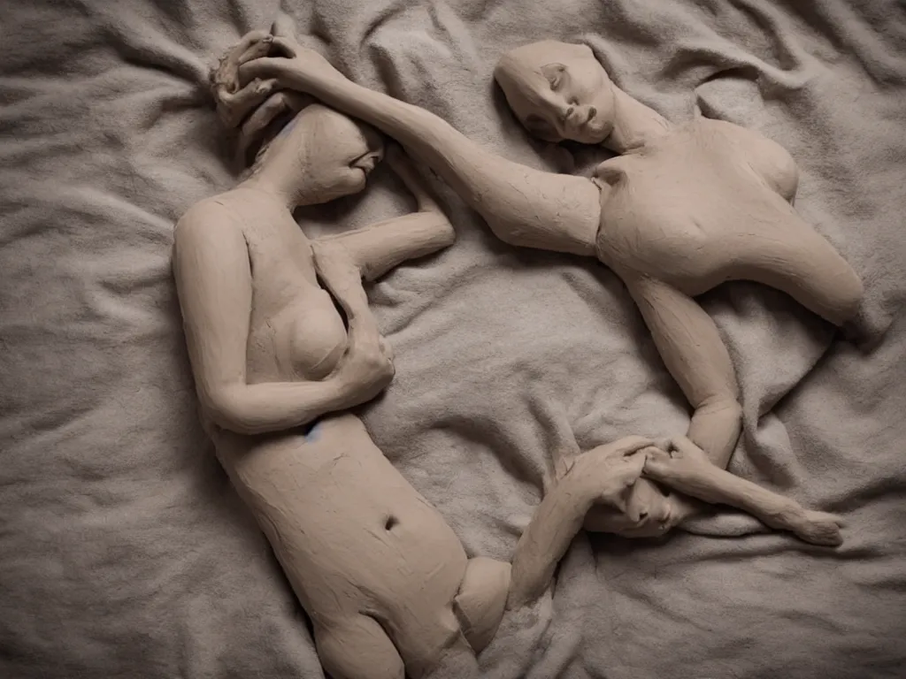 Image similar to woman made of clay on a bed