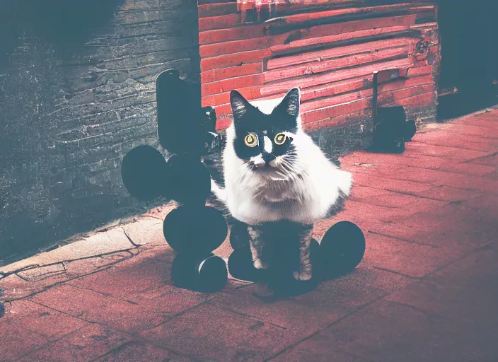 Image similar to photography of a Cat sitting on a box. in a cyberpunk street, award winning photo, colors, 100mm, sharp, high res