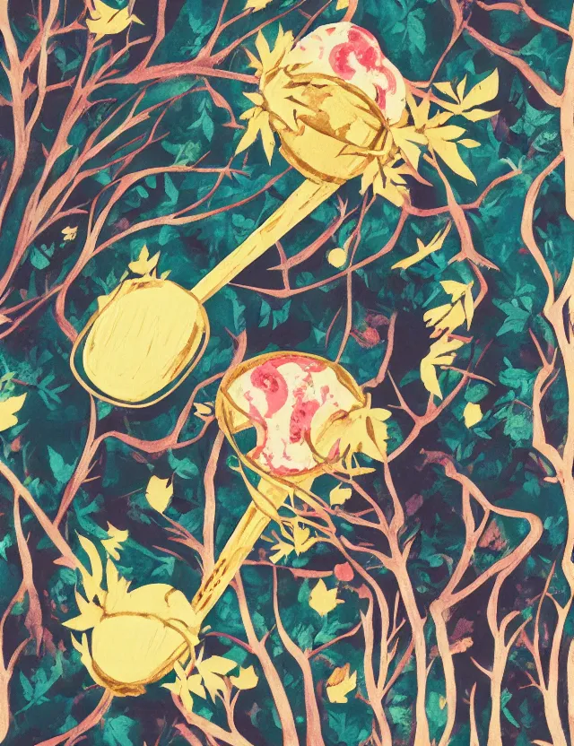 Prompt: ice cream spirit lost in a forest. this gouache and gold leaf work by the award - winning mangaka has a beautiful composition.