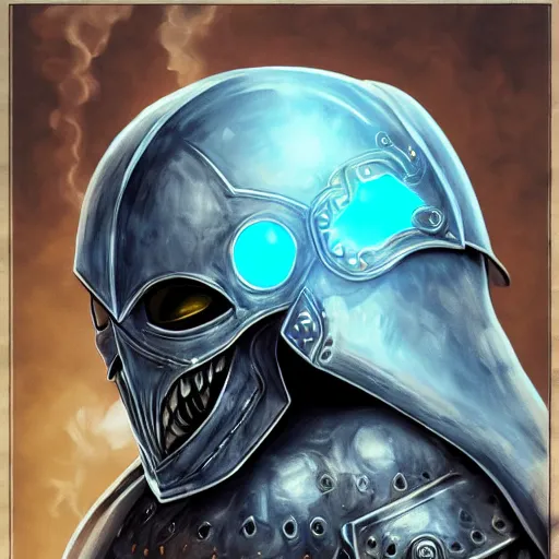 Image similar to armored knight, skull shaped helmet, flaming blue eyes, dungeons and dragons illustration