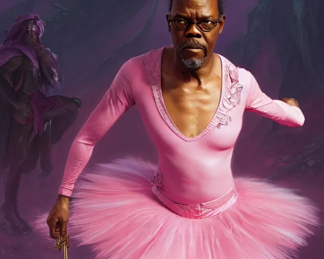 Image similar to photography of samuel l jackson in a pink ballerina outfit, deep focus, d & d and mtg, fantasy, intricate, elegant, highly detailed, digital painting, artstation, concept art, matte, sharp focus, illustration, hearthstone, art by artgerm and greg rutkowski and alphonse mucha