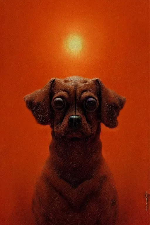 Image similar to painting of a very cute dog made of baked beans, baked bean skin texture, by zdzislaw beksinski, by dariusz zawadzki, by wayne barlowe, gothic, surrealism, cosmic horror, lovecraftian, cold hue's, warm tone gradient background, concept art, beautiful composition