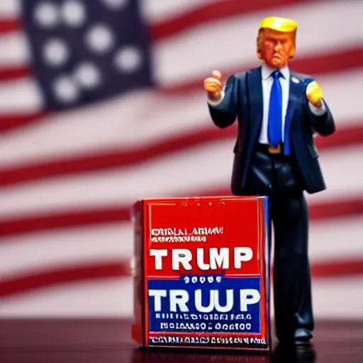 Prompt: close up of donald trump 8 0 s plastic action figure in its original box, dslr photo