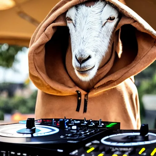 Image similar to a goat wearing a dark hooded cloak on the dj decks