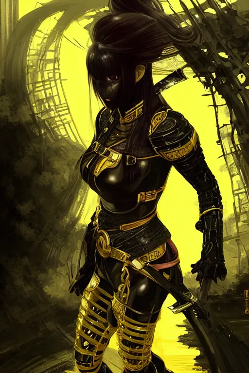 Image similar to portrait Ninja gaiden girl, armored black and yellow ninja wardrobe, in ruin japanese rainny temple night, ssci-fi and fantasy, intricate and very very beautiful and elegant, highly detailed, digital painting, artstation, concept art, smooth and sharp focus, illustration, art by tian zi and WLOP and alphonse mucha