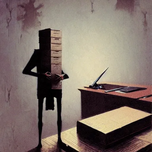 Image similar to A cyborg holding a cardboard box full of desk items at a desk by Beksinski, Greg Rutkowski