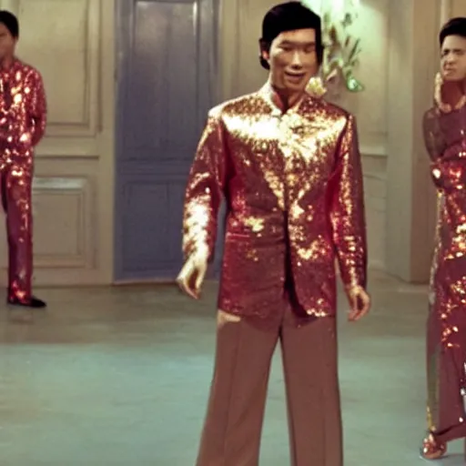 Image similar to A still of Ho Chi Minh wearing a disco suit in Saturday Night Fever