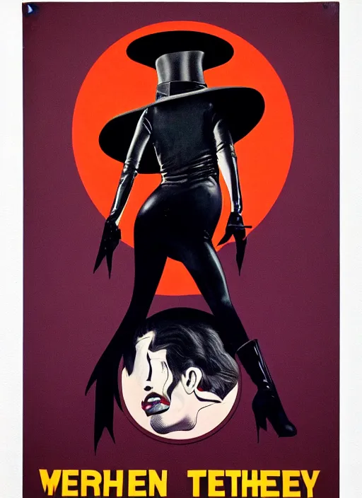 Prompt: perfectly centred realistic picture of a character dressed in leather tight suit and witch hat, dark,!! poster from 8 0 - s by waldemar swierzy,