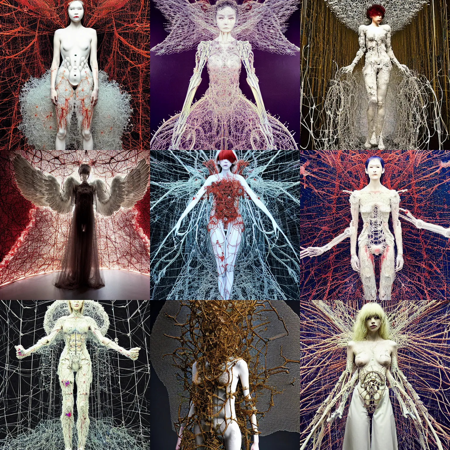 Prompt: archangel covered in mycelium by chiharu shiota, haute couture angel editorial by james jean, biocybernetic biomechanical alated gynoid by klimt