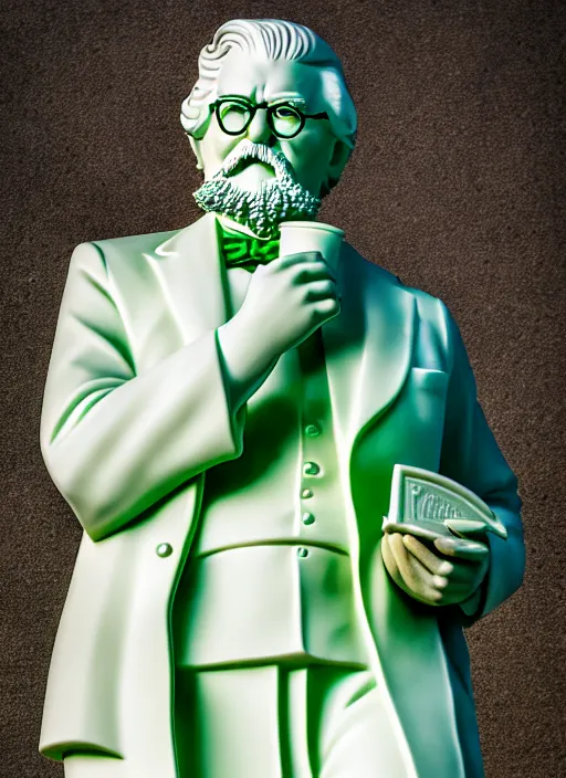 Image similar to colonel sanders as verde alpi marble statue by michaelangelo, high lights, 4 k, high detailed photography, 5 0 mm lens, depth of field, cinematic