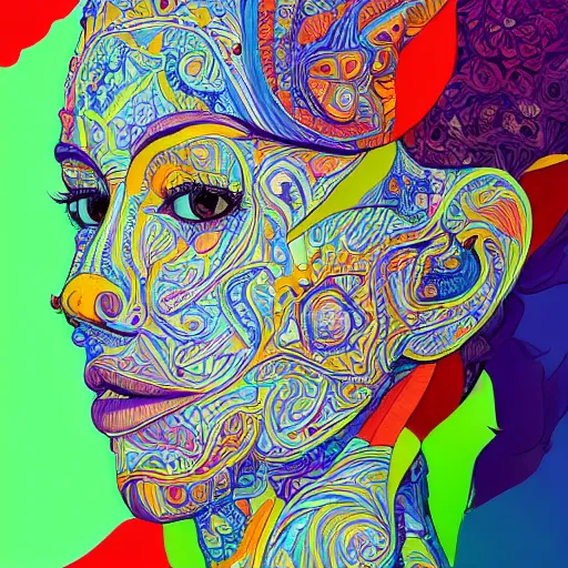 Image similar to the portrait of a beautiful young woman partially made up of bell peppers of all colors, an ultrafine detailed illustration by james jean, intricate linework, bright colors, final fantasy, behance contest winner, vanitas, angular, altermodern, unreal engine 5 highly rendered, global illumination, radiant light, detailed and intricate environment