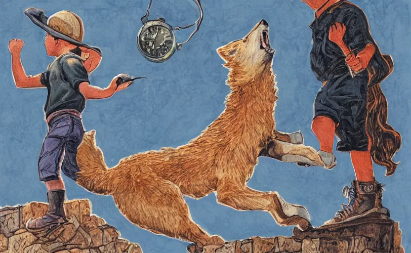 Image similar to a boy fighting a wolf on the edge of a clocktower, by taylor barron, gouache, print