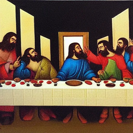 Prompt: last supper, drawn by Alexander Gurevich, oil painting on canvas